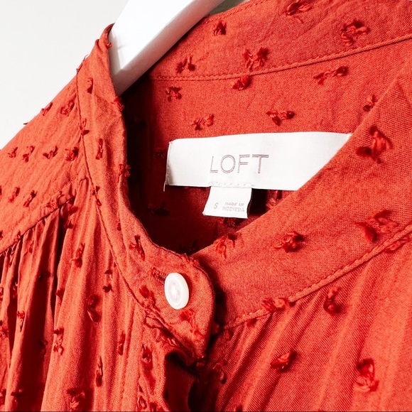 LOFT Ruffle Swiss Dot Button Up Blouse Short Sleeve Burnt Orange Sz S - Picture 11 of 15